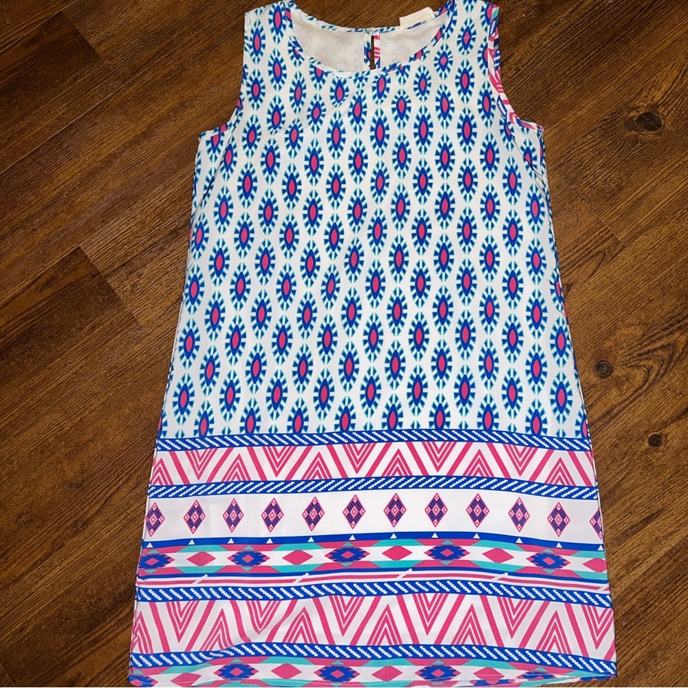 Peach Love California Boho White Colorful Geometric Tribal Print Dress Size M - Picture 6 of 10
